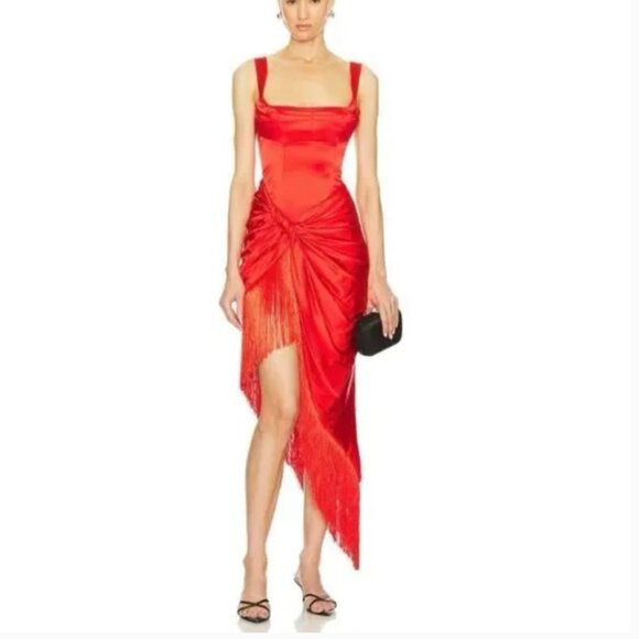 For Love And Lemons Anisa Dress Midi Fringe Lace Up Back Silk Red New NWT Medium - Picture 4 of 7
